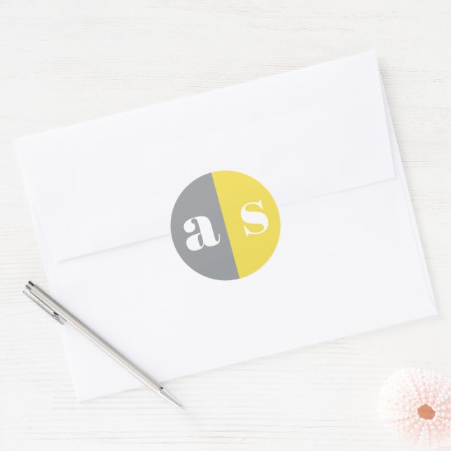 Elegant grey and yellow monogram wedding classic round sticker (Envelope)