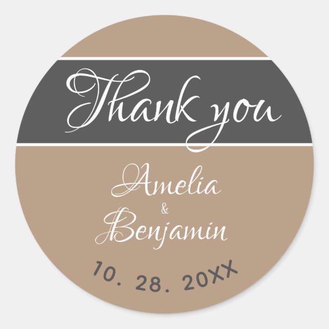 Elegant Grey Beige Typography Wedding Thank you Classic Round Sticker (Front)