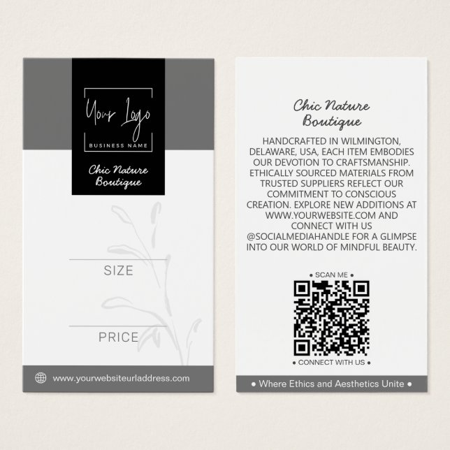 Elegant Grey & Black Botanical Social QR Price Tag (Front & Back)