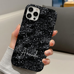 Elegant grey black leopard print monogram iPhone 16 case