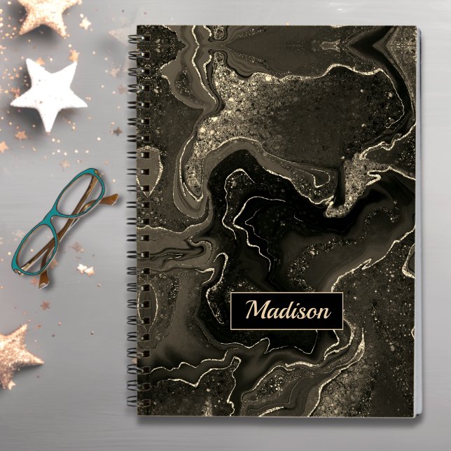 Elegant grey black marbling faux gold glitter notebook (Creator Uploaded)