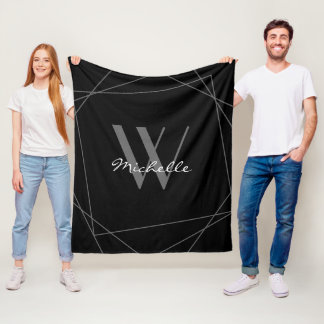 Elegant Grey Black Monogram Geometric Name Script Fleece Blanket