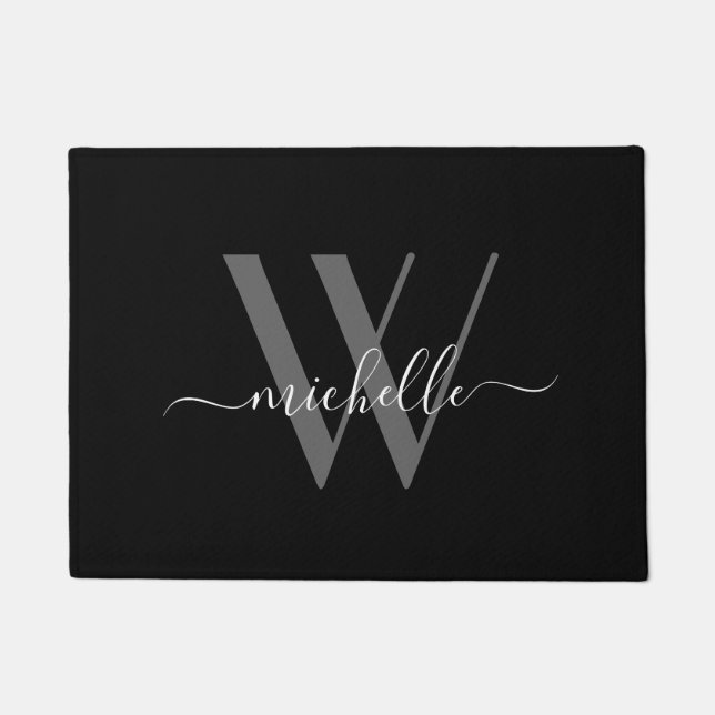Elegant Grey Black Monogram Name Script Initial Doormat (Front)