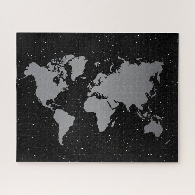 Elegant Grey & Black Night Star Galaxy & World Map Jigsaw Puzzle (Horizontal)