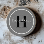 Elegant Grey Black Round Custom Monogram Initial Coaster<br><div class="desc">Elegant round personalised beverage drink coaster design features a classic custom serif monogram initial in black with your last name / surname in modern white calligraphy script against a dark pewter grey background. A simple white circle frames the design. Colour scheme can be customised to coordinate perfectly with your home...</div>