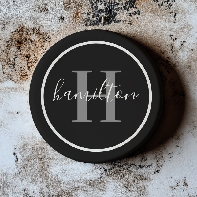 Elegant Grey Black Round Monogram Dark Coaster (Creator Uploaded)