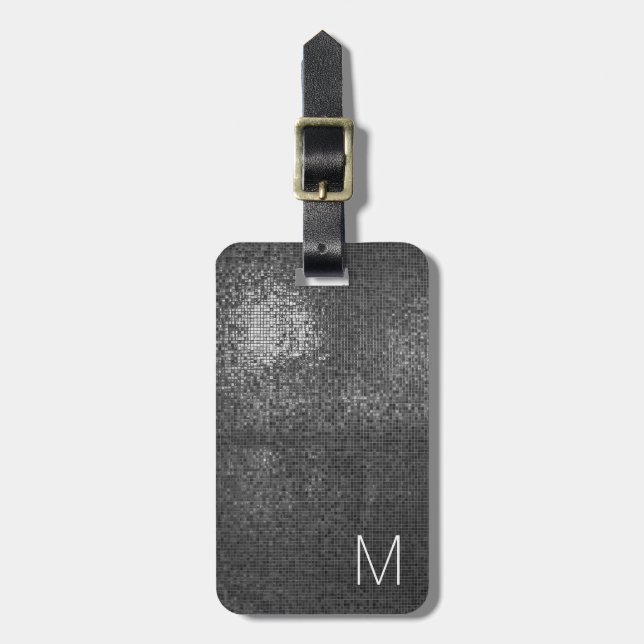 Elegant Grey Black Shiny Texture Monogram Luggage Tag (Front Vertical)