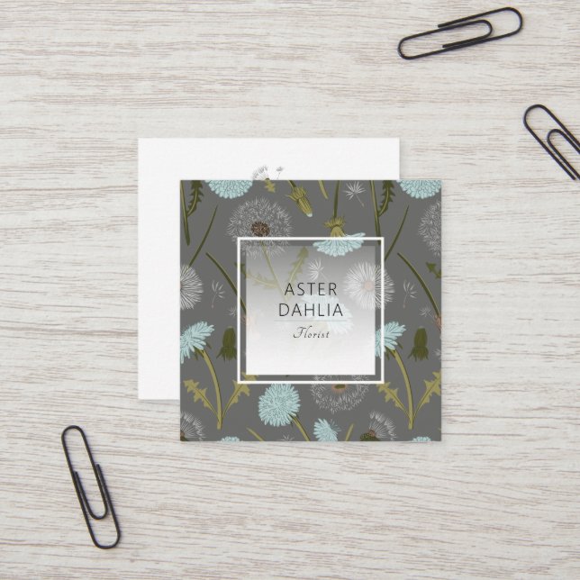 Elegant Grey Blue Dandelion Flowers Square Business Card (Front/Back In Situ)