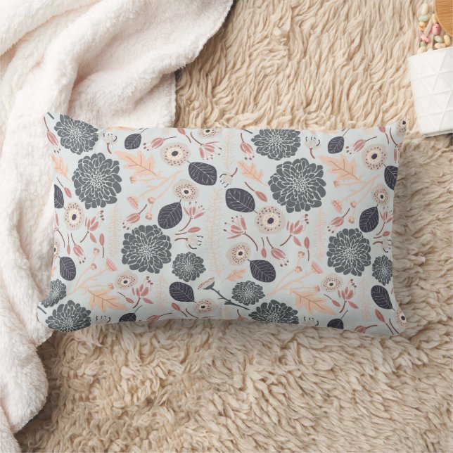 Elegant Grey Blue Peach Floral Pattern Lumbar Cushion (Blanket)