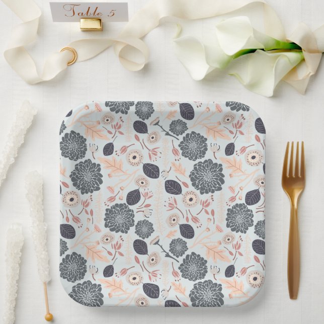 Elegant Grey Blue Peach Floral Pattern Paper Plate (Wedding)