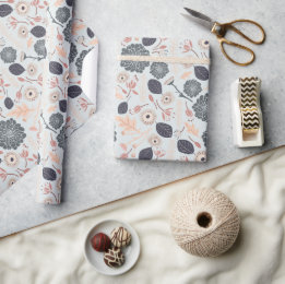 Elegant Grey Blue Peach Floral Pattern Wrapping Paper