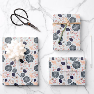 Elegant Grey Blue Peach Floral Pattern Wrapping Paper Sheet
