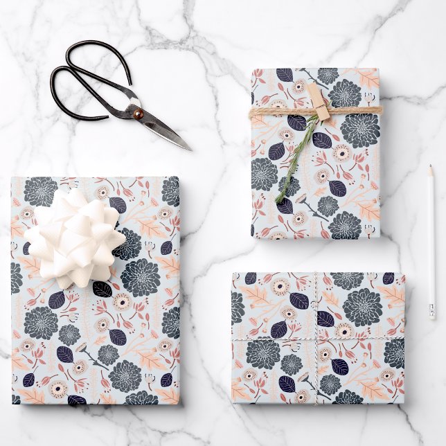 Elegant Grey Blue Peach Floral Pattern Wrapping Paper Sheet (Playful Gray Blue Peach Floral Pattern Wrapping Paper Sheets from Studio Posies.)