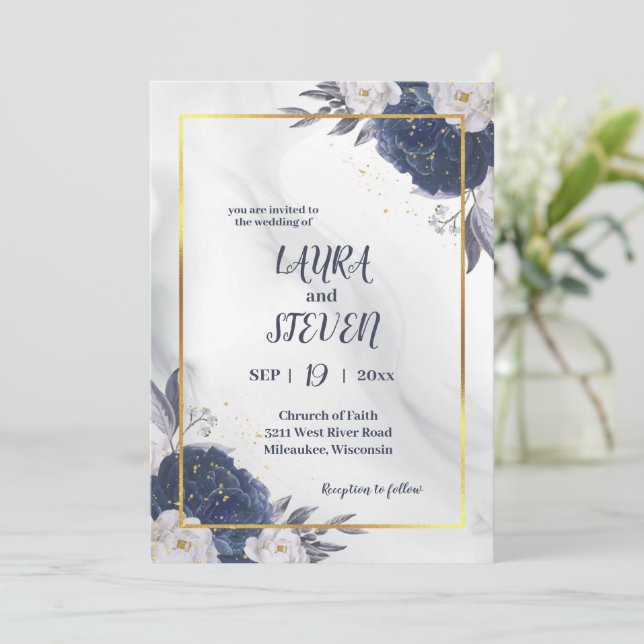 Elegant Grey Blue Peonies All In One Wedding Invitation (Standing Front)