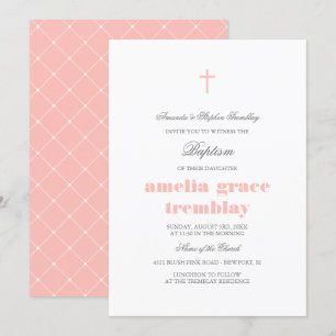 Elegant Grey & Blush Pink Cross Baptism Invitation