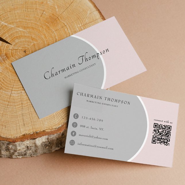 Elegant Grey Blush Pink QR Code Connect with us Business Card (Creator Uploaded)
