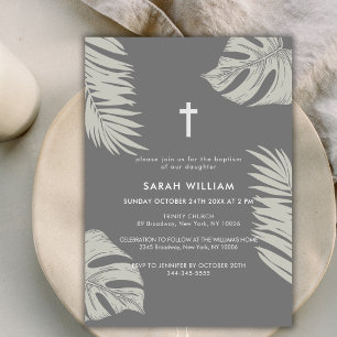 Elegant Grey Boho Leaves Cross Baptism  Invitation