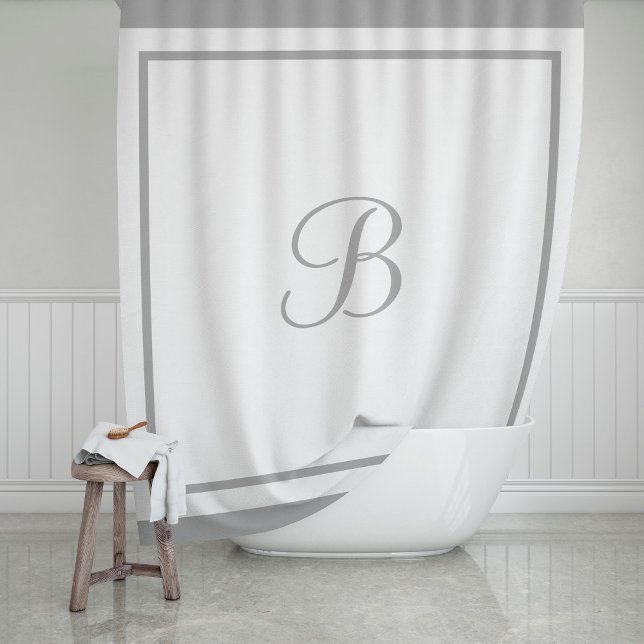 Elegant Grey Border Script Monogram Shower Curtain (Creator Uploaded)
