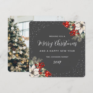 Elegant Grey Botanical Christmas New Year Photo Holiday Card