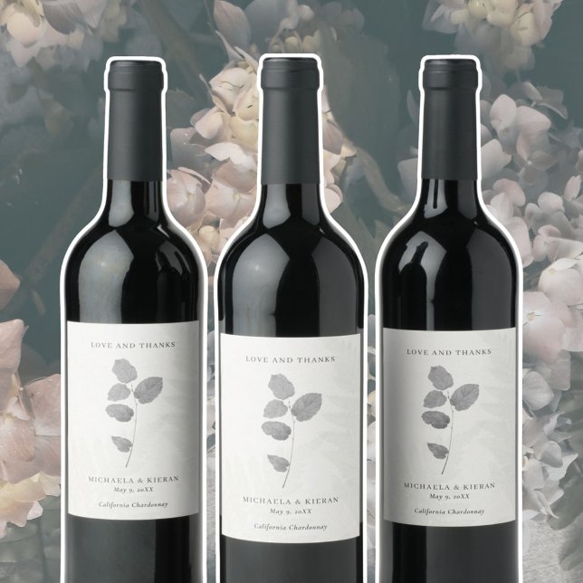 Elegant Grey Botanical Thank You Wedding  Wine Label (Gray Botanical Wedding Wine Labels )
