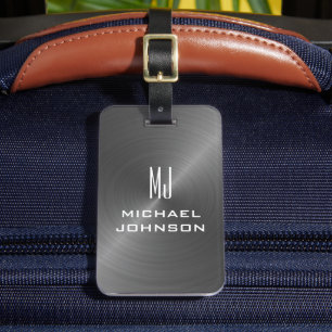 Elegant Grey Brushed Metallic Monogrammed Initial Luggage Tag