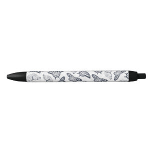 Elegant Grey Butterflies White Design Black Ink Pen