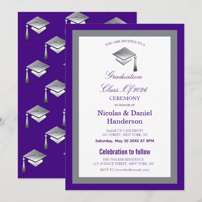 Elegant grey caps graduation ceremony invitation (Front/Back)