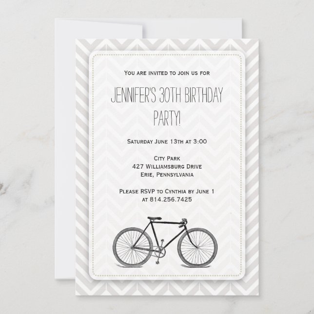 Elegant Grey Chevron Vintage Bicycle Birthday Invitation (Front)