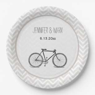 Elegant Grey Chevron Vintage Bicycle Wedding 2 Paper Plate