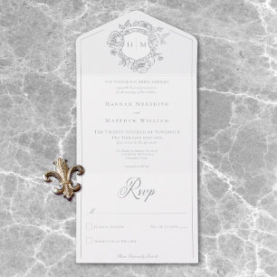 Elegant Grey Chinoiserie Bird Crest Wedding All In One Invitation