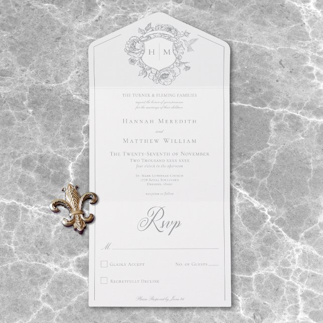 Elegant Grey Chinoiserie Bird Crest Wedding All In One Invitation (Elegant Gray Chinoiserie Bird Crest Wedding Dinner All In One Invitation)