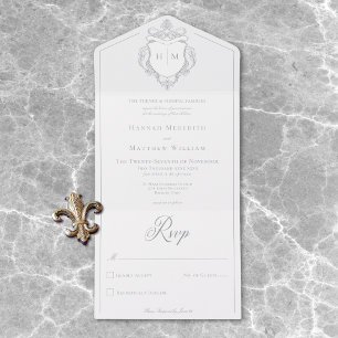 Elegant Grey Chinoiserie Bird Crest Wedding All In One Invitation