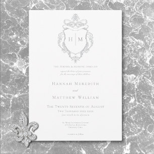 Elegant Grey Chinoiserie Bird & Crest Wedding Invitation