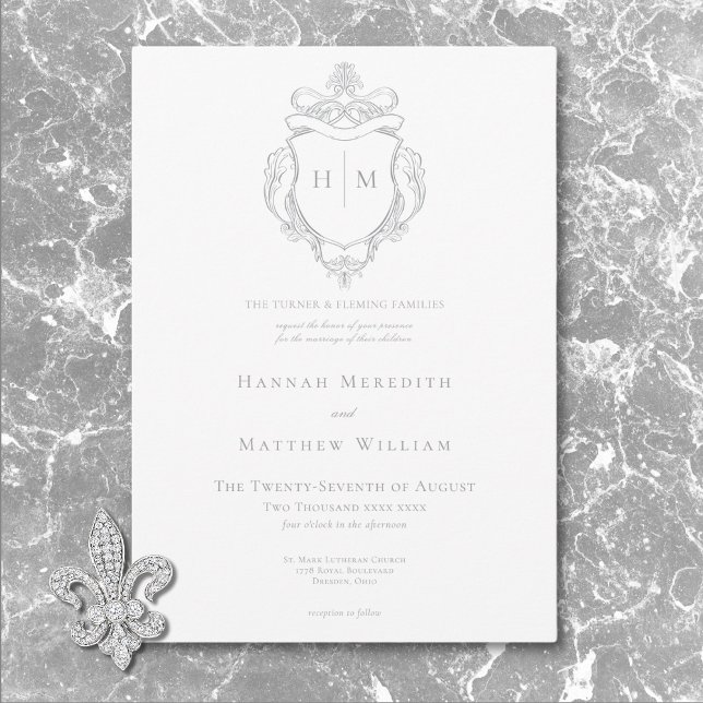 Elegant Grey Chinoiserie Bird & Crest Wedding Invitation (Elegant Gray Chinoiserie Bird & Crest Wedding Invitation)