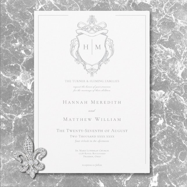 Elegant Grey Chinoiserie Bird & Crest Wedding Invitation (Creator Uploaded)
