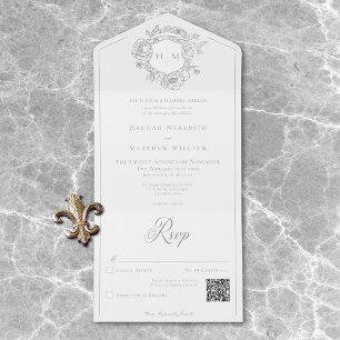Elegant Grey Chinoiserie Bird Crest Wedding QR All In One Invitation