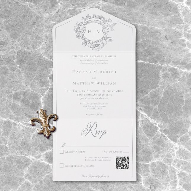 Elegant Grey Chinoiserie Bird Crest Wedding QR All In One Invitation (Elegant Gray Chinoiserie Bird Crest Wedding QR All In One Invitation)