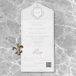 Elegant Grey Chinoiserie Bird Crest Wedding QR All In One Invitation