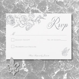 Elegant Grey Chinoiserie Bird & Crest Wedding RSVP Card