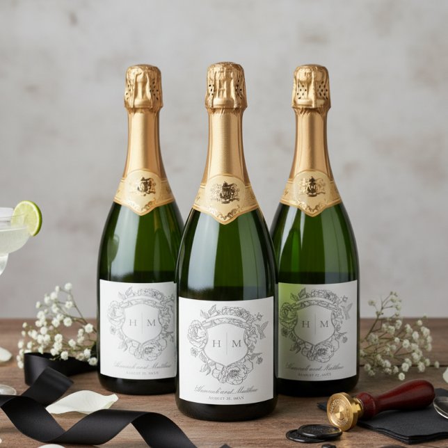 Elegant Grey Chinoiserie Bird Crest Wedding Sparkling Wine Label (Creator Uploaded)