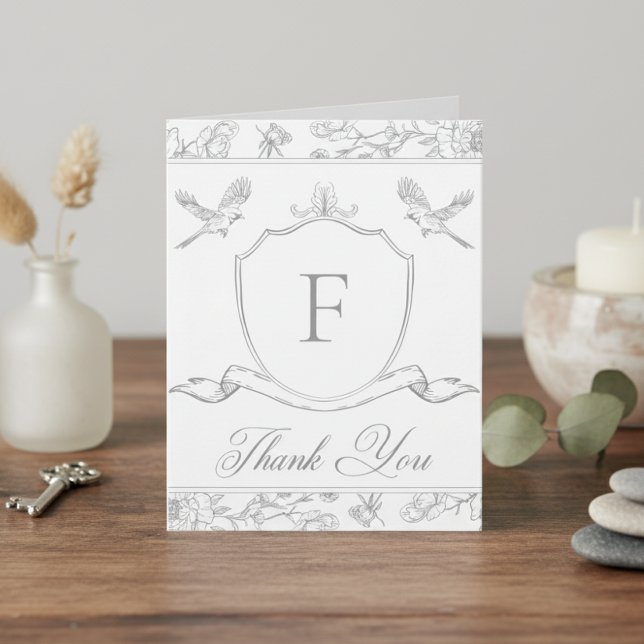 Elegant Grey Chinoiserie Bird & Crest Wedding Thank You Card (Creator Uploaded)