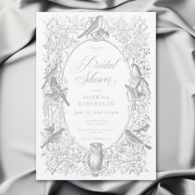Elegant Grey Chinoiserie Nature & Birds Shower Invitation (Elegant Gray Chinoiserie Nature & Birds Bridal Shower Invitation)