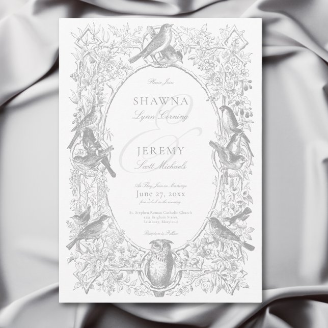 Elegant Grey Chinoiserie Nature & Birds Wedding Invitation (Elegant Gray Chinoiserie Nature & Birds Wedding Invitation)
