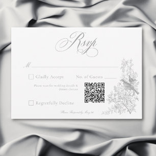 Elegant Grey Chinoiserie Nature & Birds Wedding QR RSVP Card