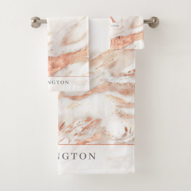 Elegant Grey Copper Rose Gold Foil Marble Monogram Bath Towel Set (Insitu)