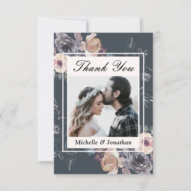 Elegant Grey Cream Floral Photograph Wedding Thank You Card (Front)