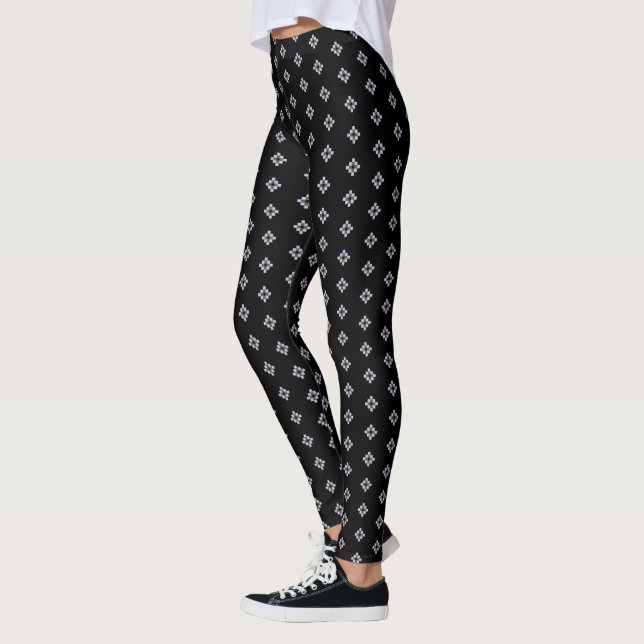 Elegant Grey Cross Geometric Pattern on Black Leggings (Left)