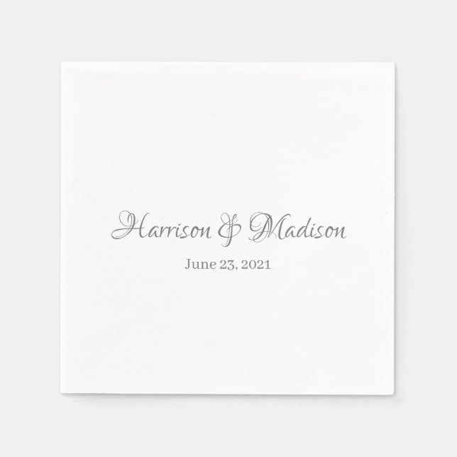 Elegant Grey Custom Script Names Date Wedding Napkin (Front)