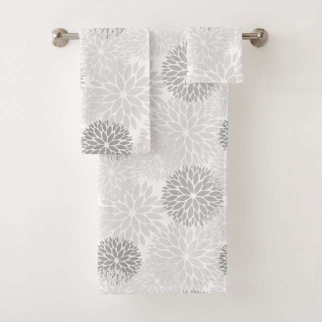 Elegant Grey Dahlia Floral Bath Towel Set (Insitu)