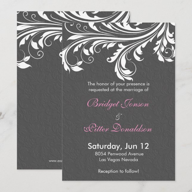 Elegant Grey Damask And White Swirls Wedding Invitation (Front/Back)